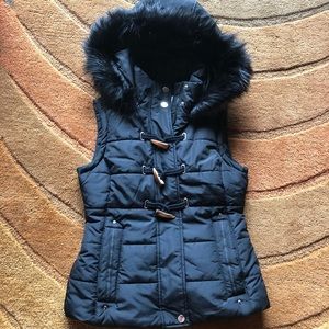 Black puffer vest with fur hood